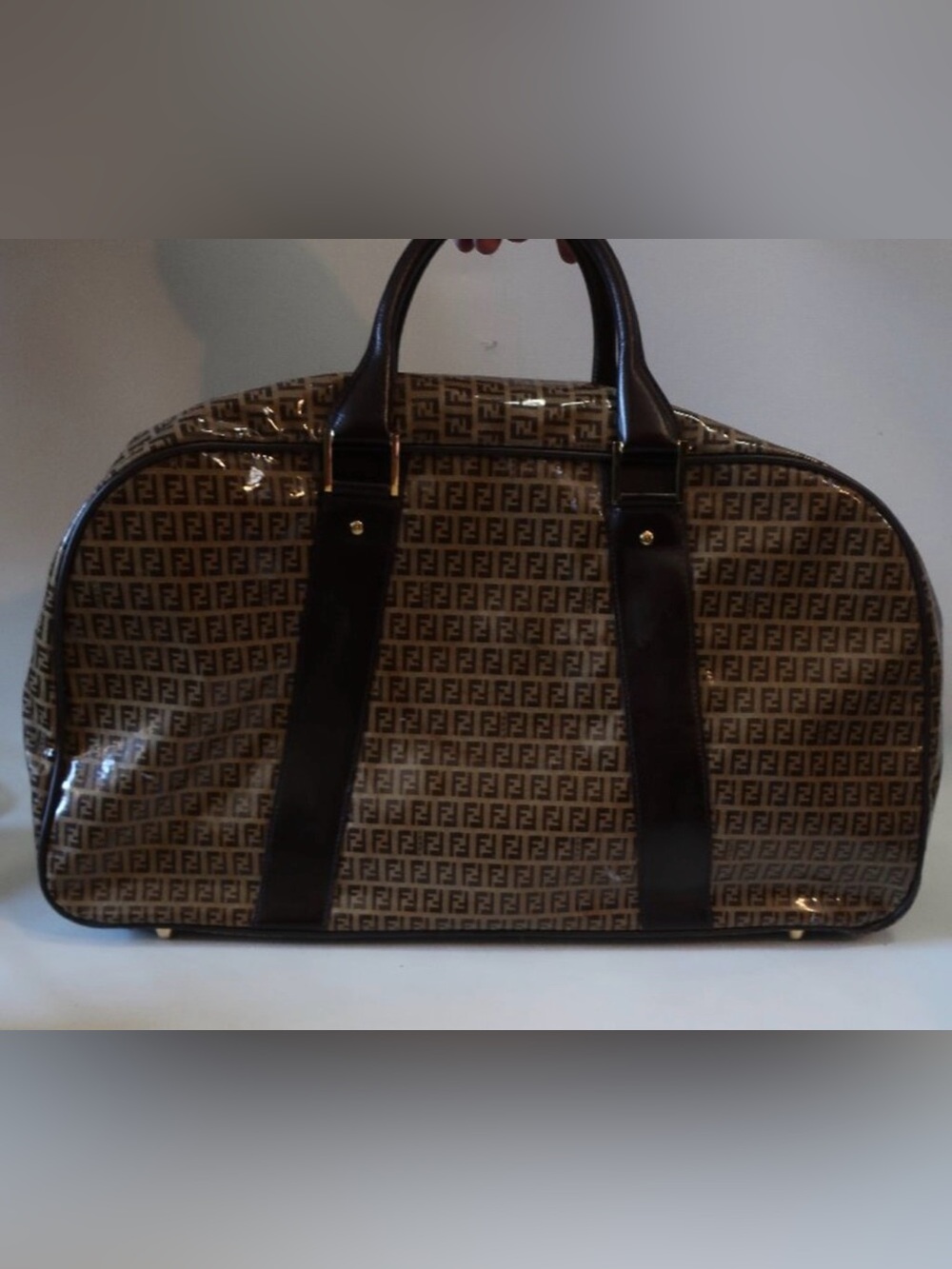 Vintage Authentic FENDI Zucchino Brown Vinyl Monogram Travel Duffel Boston Bag